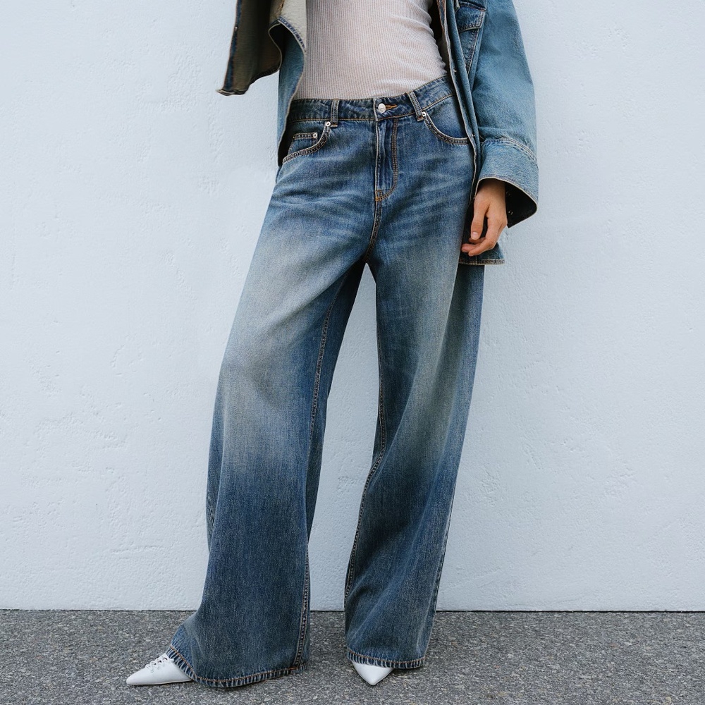 H&M &Denim Baggy Wide Leg Jeans 90s Loose Fit Mid/Low Rise US 12